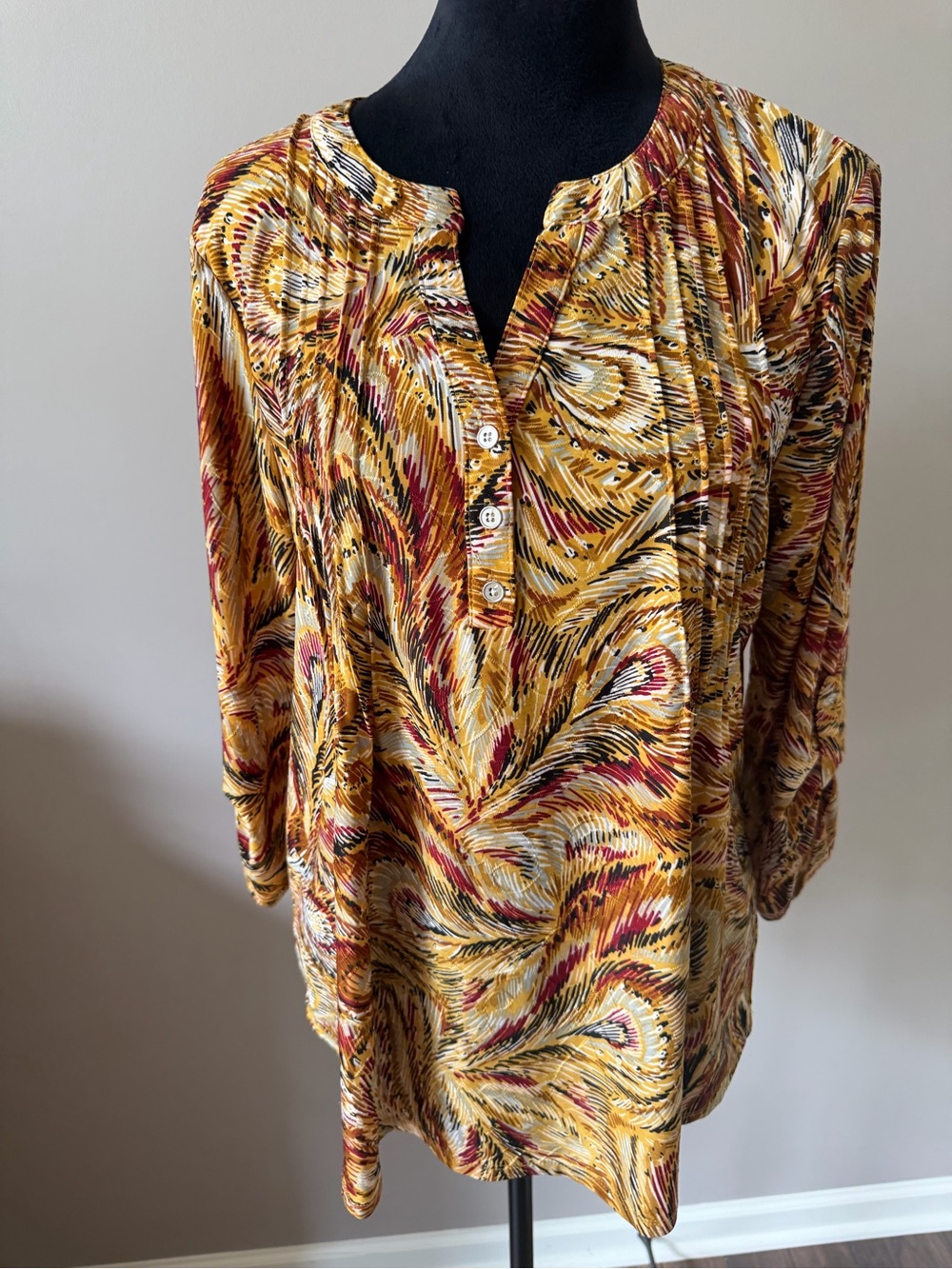 NY Collection Mustard Multi-Pattern Button Henley Top Large